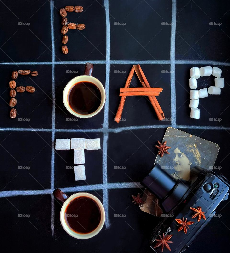 Crossword.Horizontally,the word "Foap" from the ingredients:"f"from coffee beans,"O"from a cup of coffee,"A" from cinnamon sticks, "P"from marshmallows . Vertical word:"Foto": "F"from coffee beans, two"O"from two cups of coffee,"T"from lumps of sugar