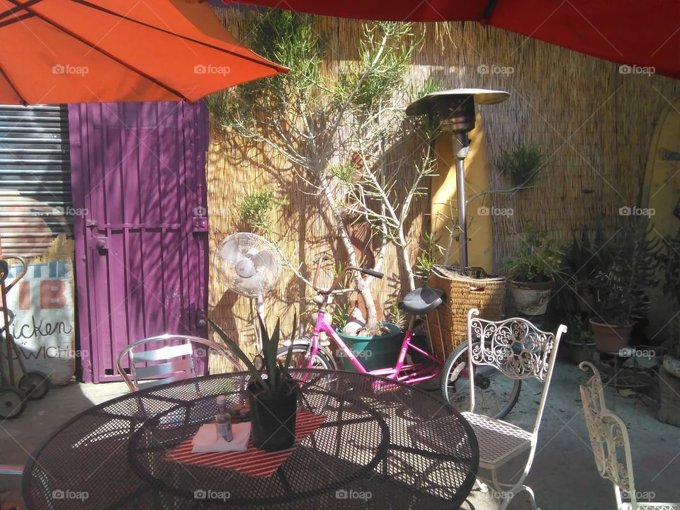 a shot from inside the back outside seating area of an interesting coffee shop in an outlying town outside of LA