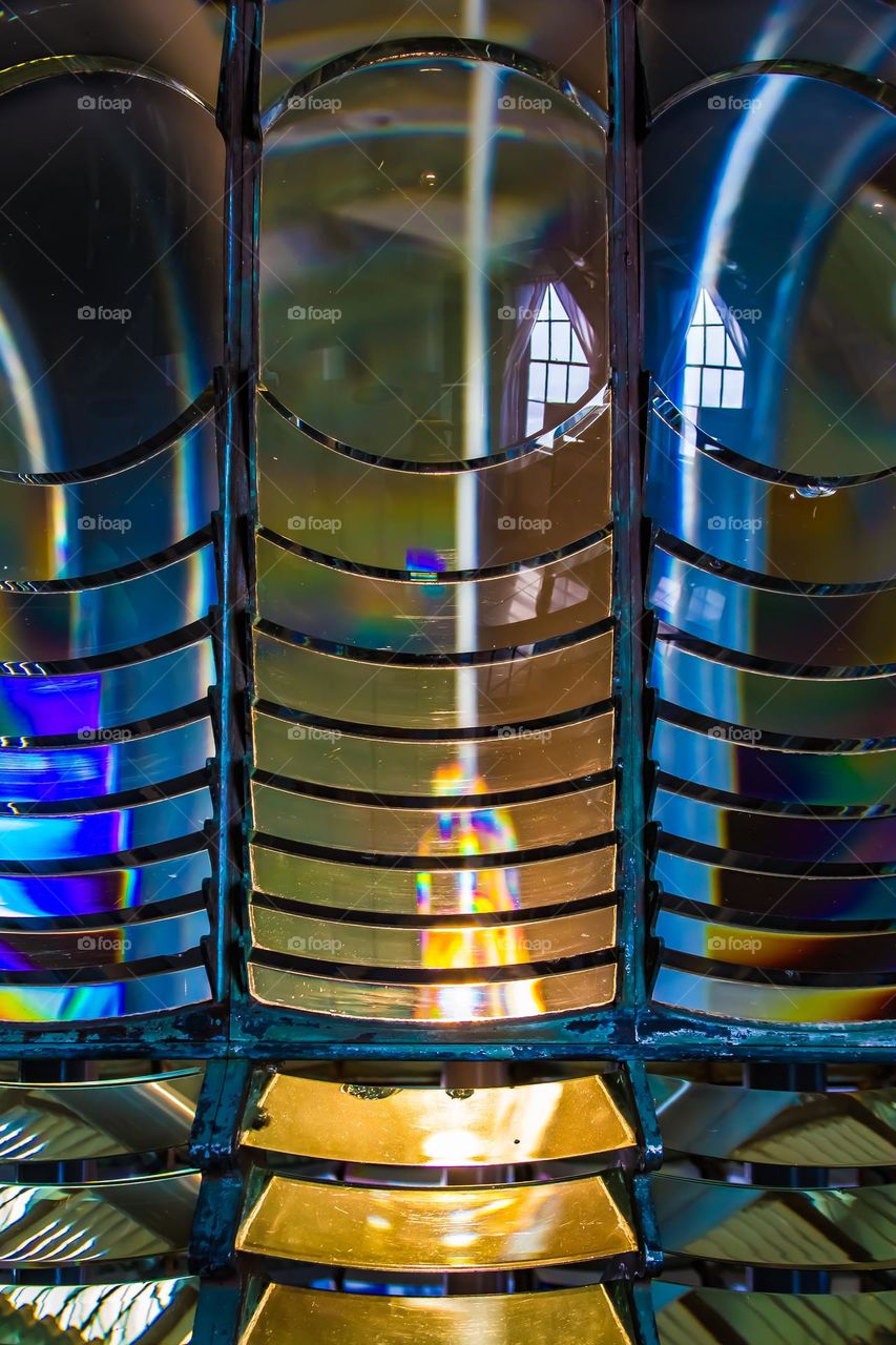 Colorful closeup of the Pigeon Point Lighthouse glass prism First Order Fresnel Lens in pescadero california between Santa Cruz and San Francisco 