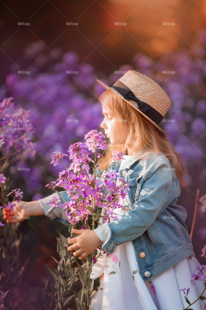 Cute little girl portrait in blossom meadow at sunset 