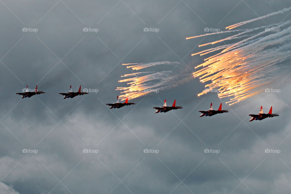 Strizhi demo team. Strizhi aerobatic team is performing on the MAKS 2015 airshow near Moscow.
