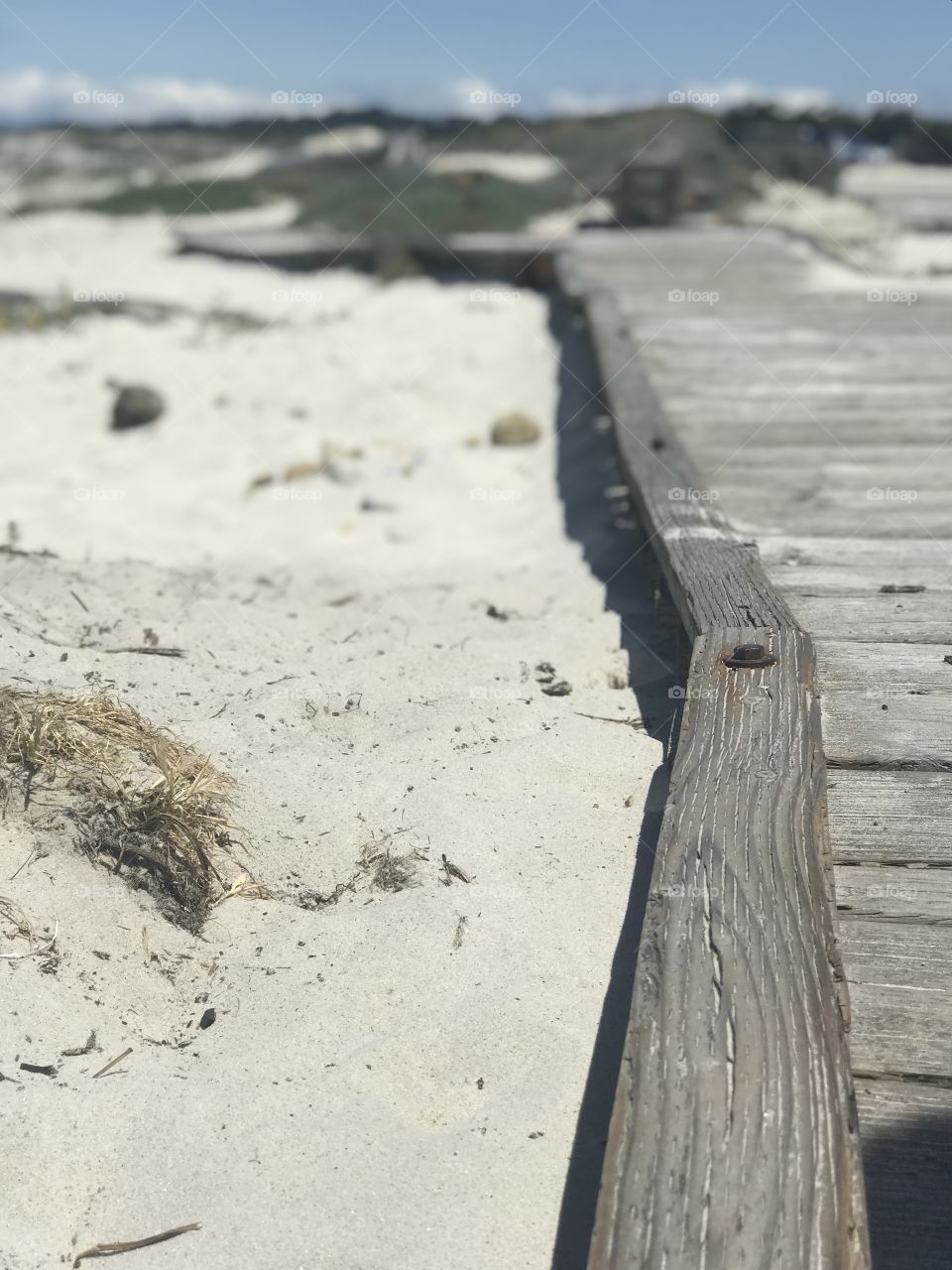 A closeup of the wood grain on a boardwalk that lines the beach. 