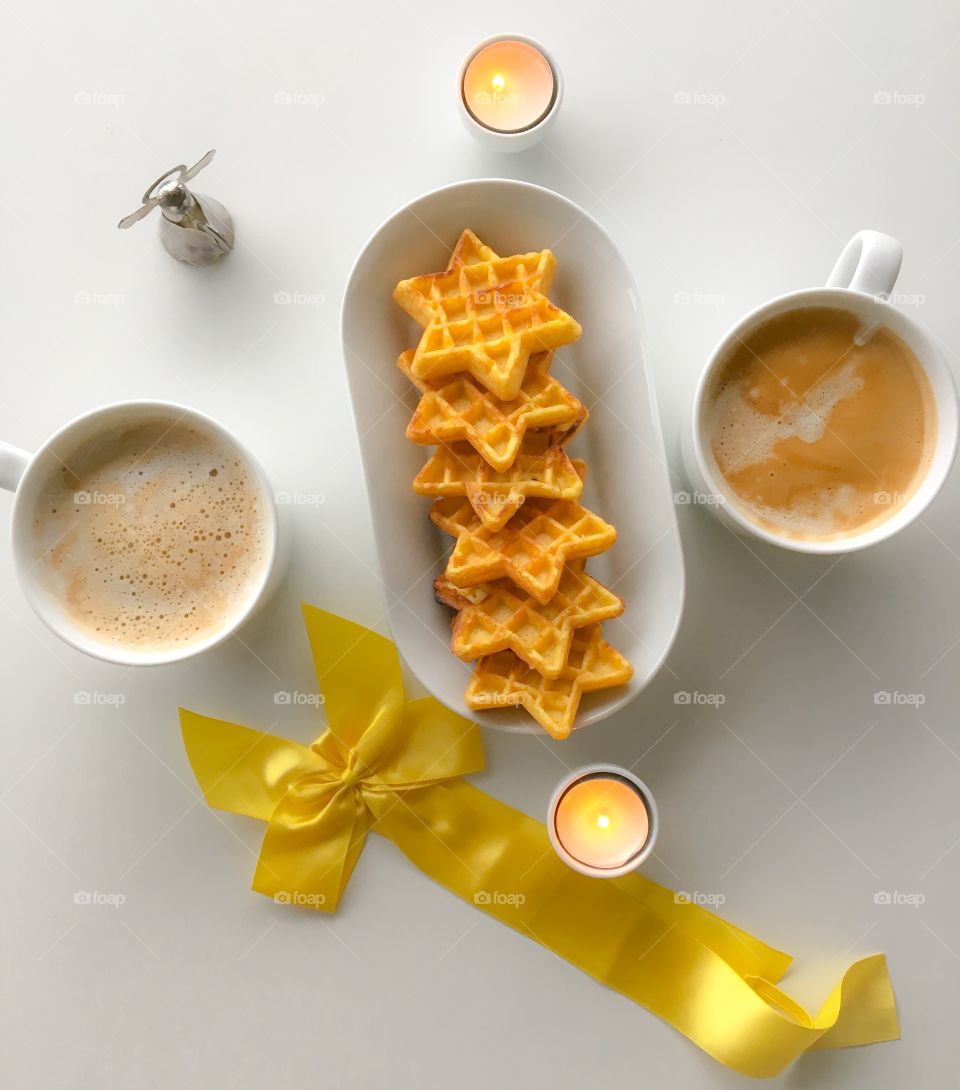 Warm waffles and hot coffee