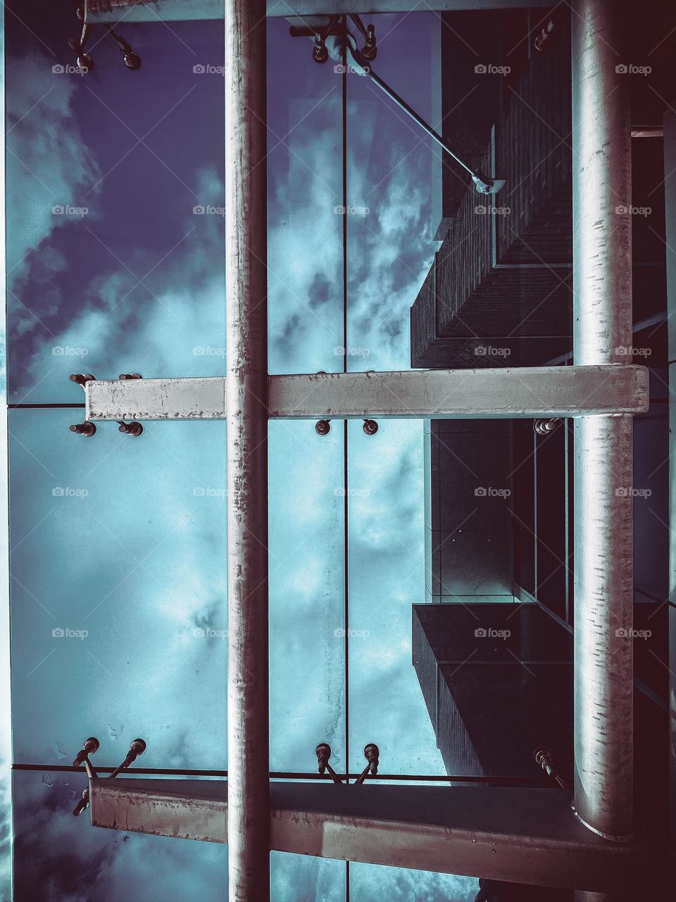 No people edited tone mood exterior building tinted  glass roof metal poles pipes steel lines shapes architecture architect engineer sky clouds upwards view looking up above design framework outside cool vibes phone photo photography amateur