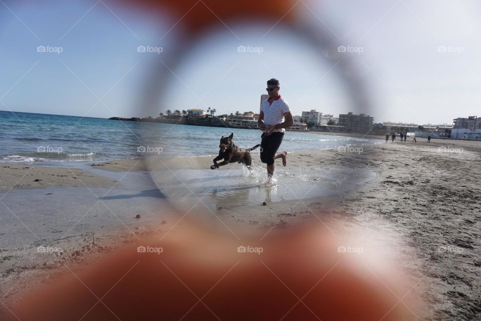 Beach#circles#sea#human#dog#activities#playing