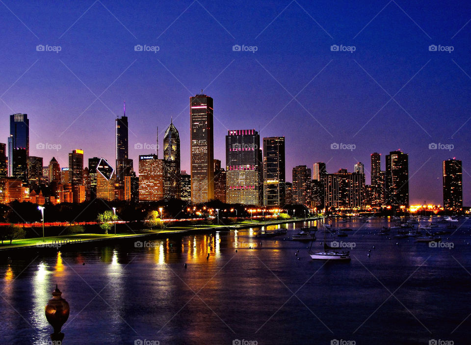 skyline chicago twilight cityscape by landon