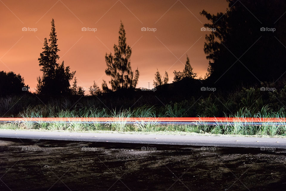 Light trails on road in forest