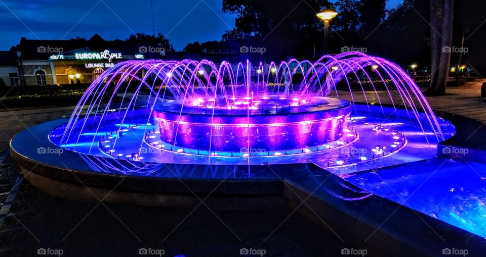 Musical fountain at night. (Lithuania, Druskininkai, July, 2019).