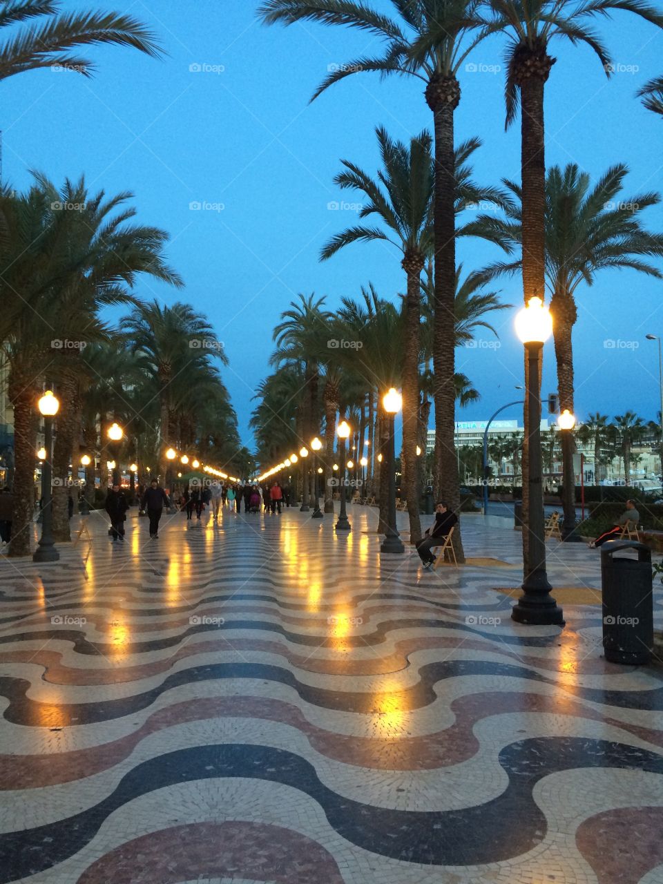 People walking along the palm-lined promenade at night