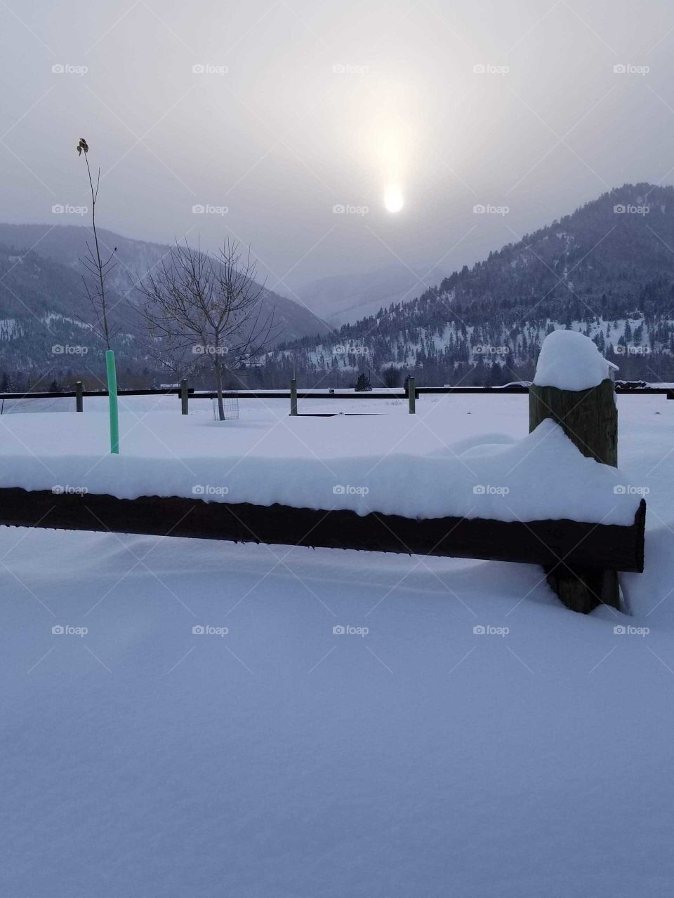 sunset, winter sunset, snow, post blizzard, deep snow, fence with snow, dreamy, winter scenery