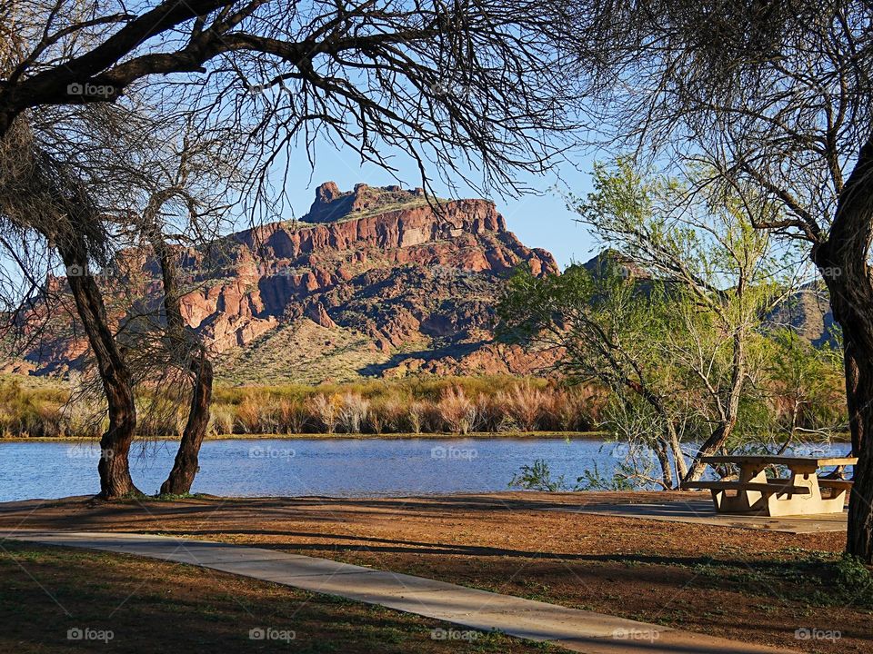 The iconic Red Mountain in Mesa, Arizona is seen from across the Salt River