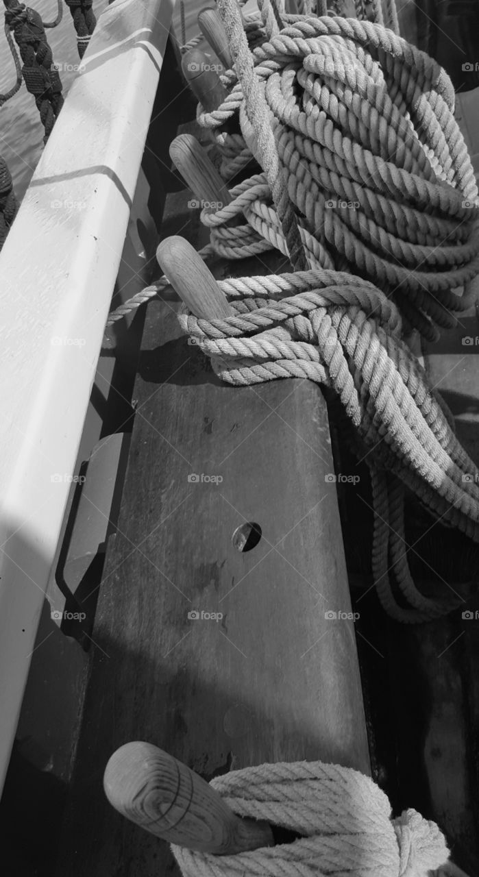 Aboard the vessel Lady Washington in Monterey Bay. A view of the secured lined on belaying pins