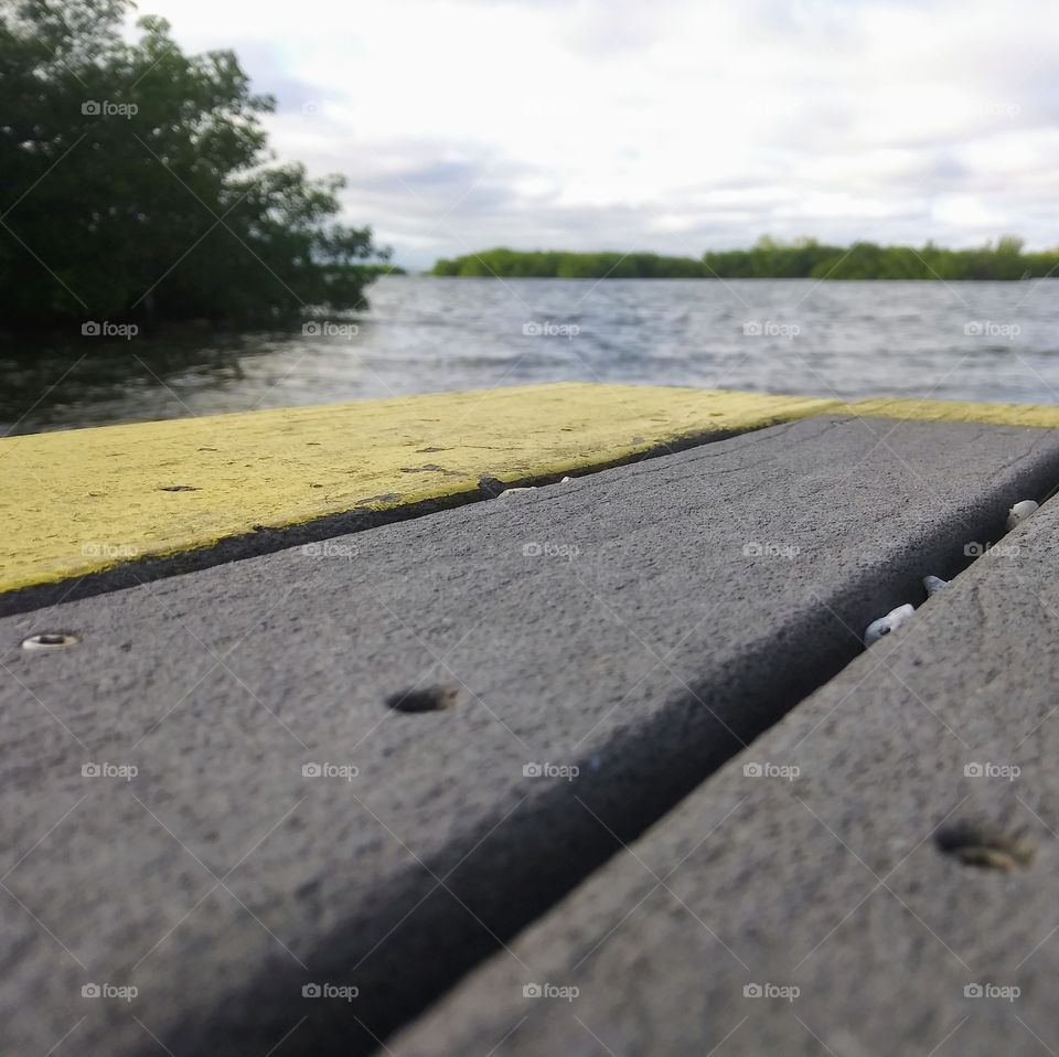 A close up view from the edge of a wooden dock