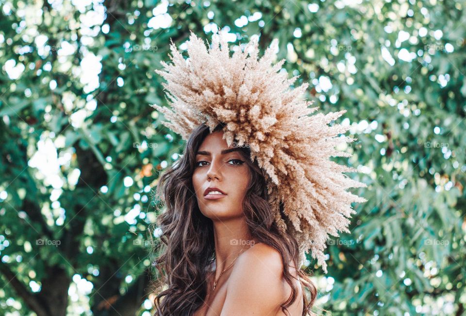 beautiful woman wearing a wreath