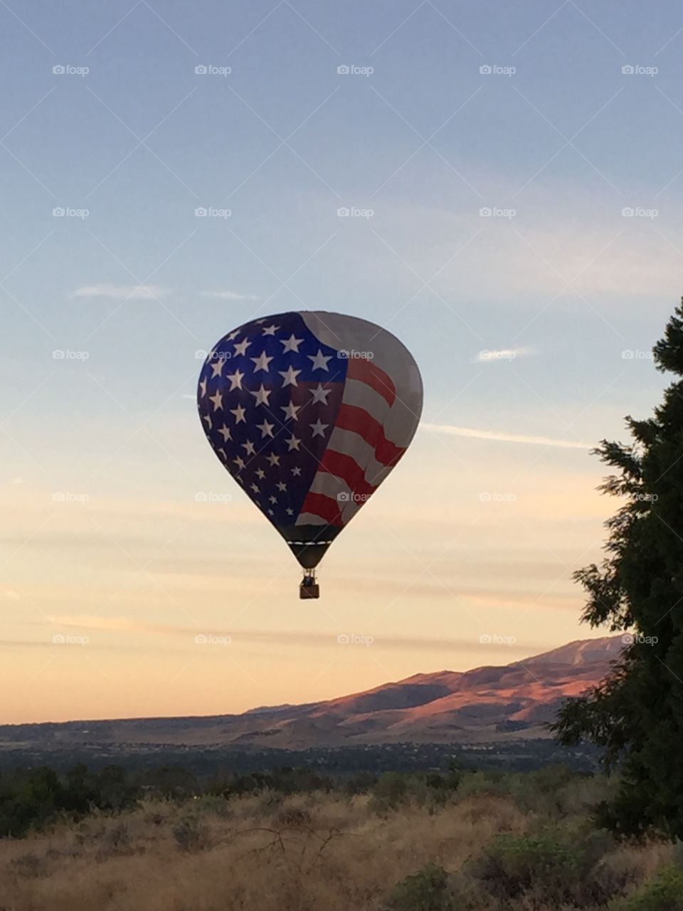 Hot air ballon Fest. Patriotic American flag ballon.