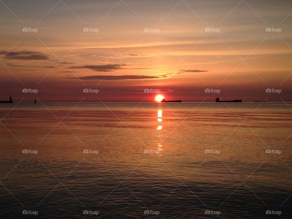 Beautiful sunrise over the sea. The Baltic Sea view in Poland 