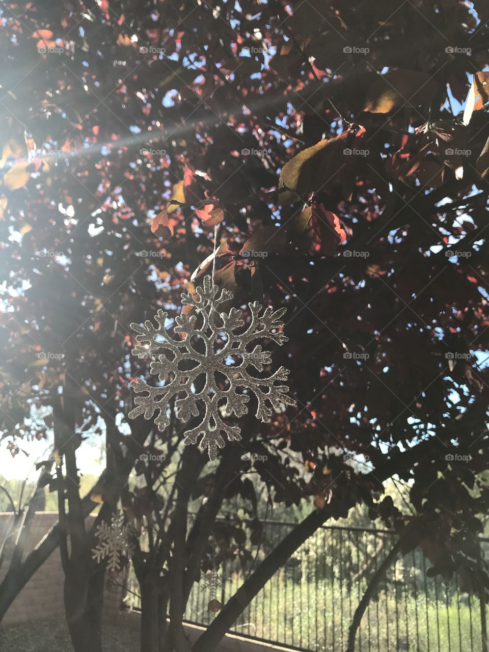 Peach tree and handmade glitter snowflake ornament 