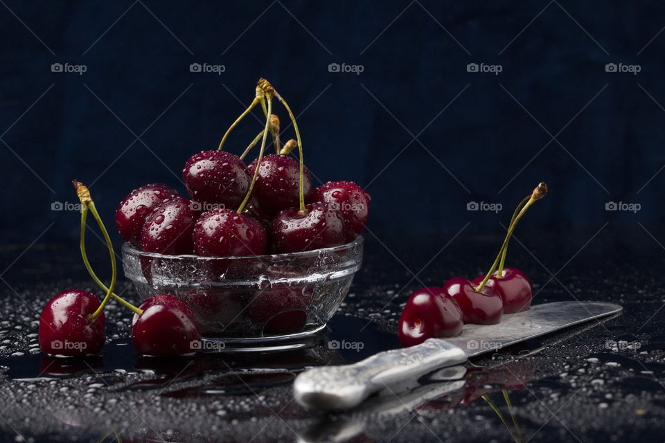 sweet wet cherry composition . desert concept