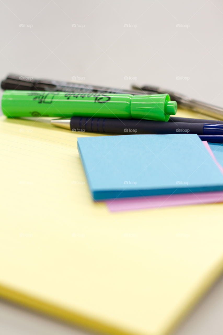 Close up of office supplies on a desk