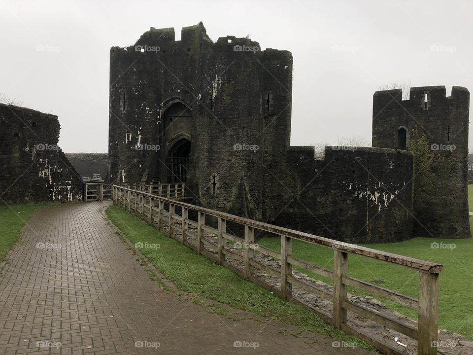 One of five photos of Caerphilly Castle in South Wales, taken in Jan 2020, despite the overcast weather the castle still maintains a strong presence.