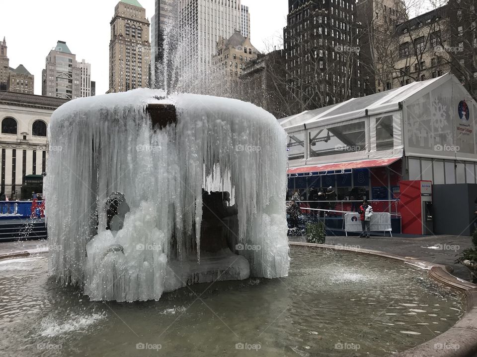 The fountain froze in the middle of the week in the 14 degree F cold. In the following day’s thaw, it sprang back to life.