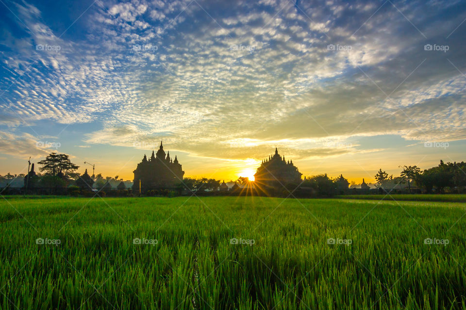 the beautifull sunrise with plaosan temple background