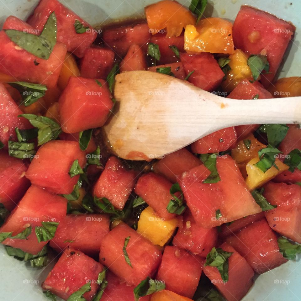 Salad, watermelon, tomatoes, Basil 