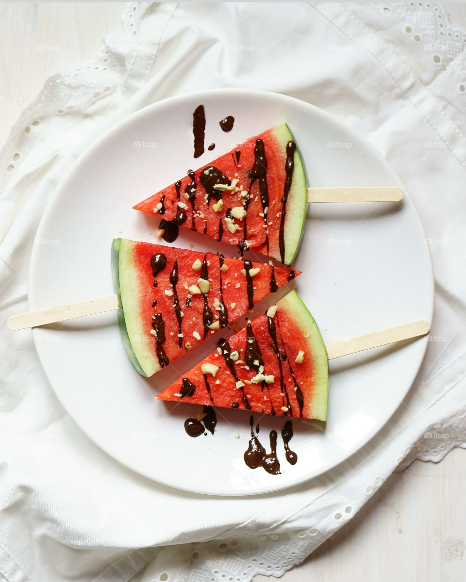 Watermelon slices with chocolate