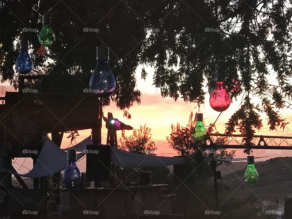 Ramona, CA. Burner festival, party, camping, treehouse, Giraffe, art, lights, bulbs, glass, color, sunset, orange, trees. 