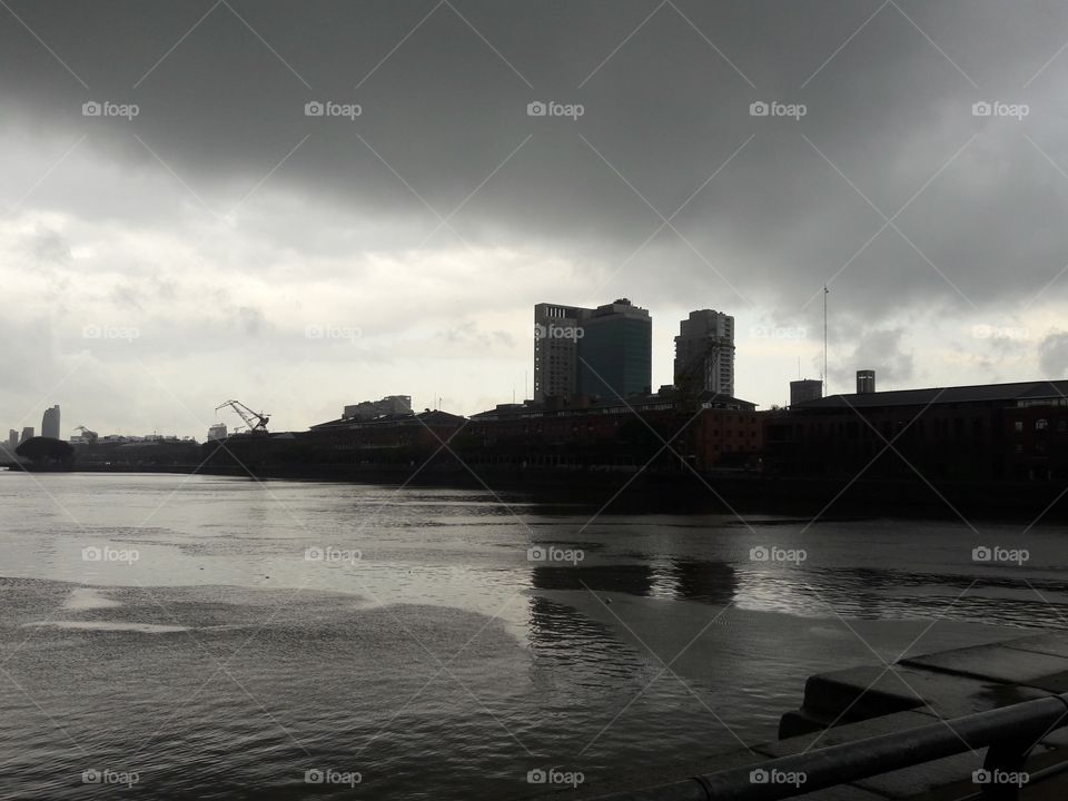 Puerto Madero, Buenos Aires. Cold, wet winter day in Argentina. Overlooking channel of Río de la Plata
