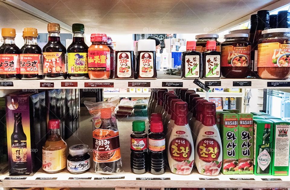Shelf with asian products in supermarket 