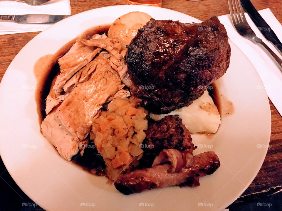 Sunday Roast Dinner with diced carrots and swede 