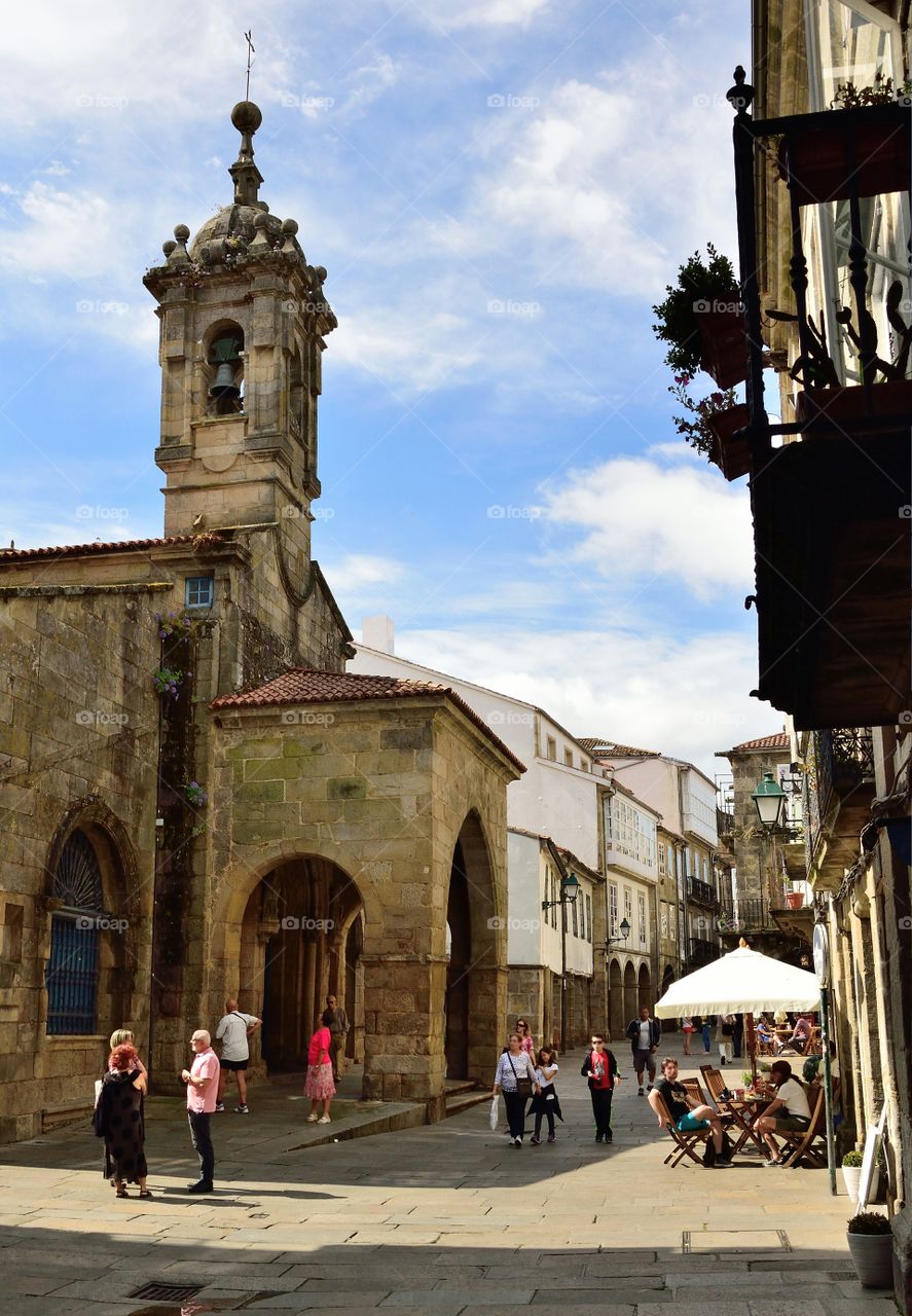 View of Church of Santa María Salomé and Rúa do Villar in Santiago de Compostela, Galicia, Spain.