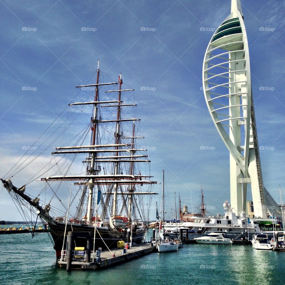 Sailing boat in Portsmouth harbour . A fantastic big yacht in harbour by spinnaker tower 