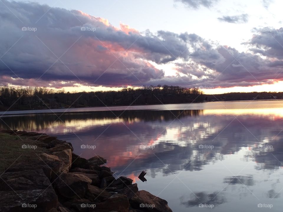 Mirror image lake reflection at twilight