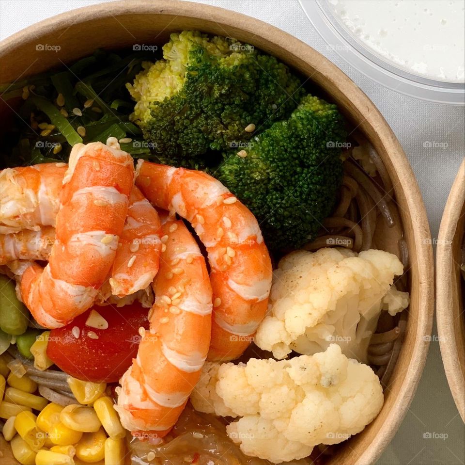 Tom yum prawns salad, mui chye duck salad and different drinks like purple rice shake, avocado milk, pandan milk, citrus and original coconut milkshake