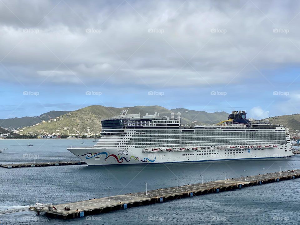 A cruise ship docked in the harbor at Saint Martin