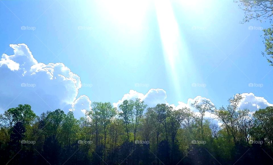 clouds in blue sky, sun beams shining down on trees