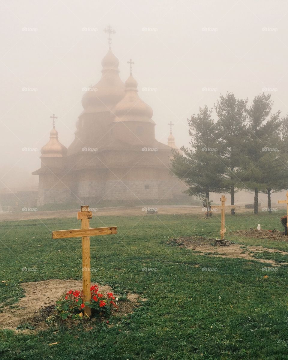 Fog church cemetery 