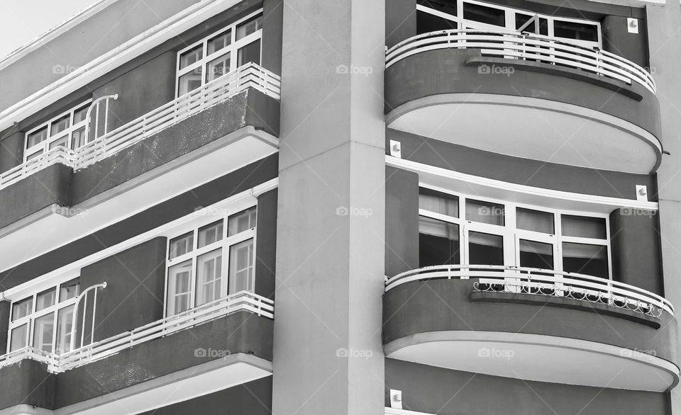 Balconies from Art Deco hotel in Leiria, Portugal 