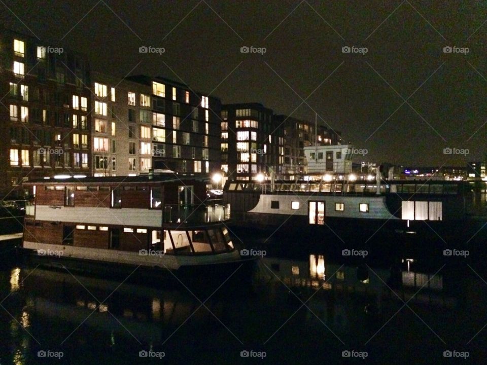 Floating houses. Houseboats, Copenhagen, spring 2015