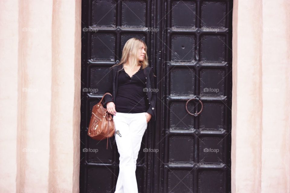 Door, Indoors, Woman, Wall, Window