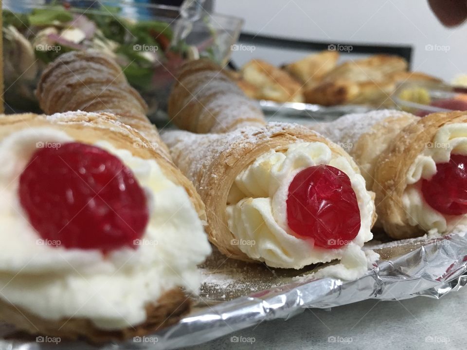 Ice cream cake and cherries