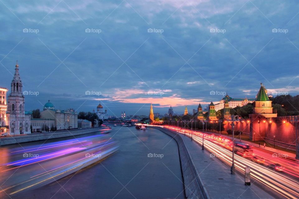 evening city view from the bridge at long exposure