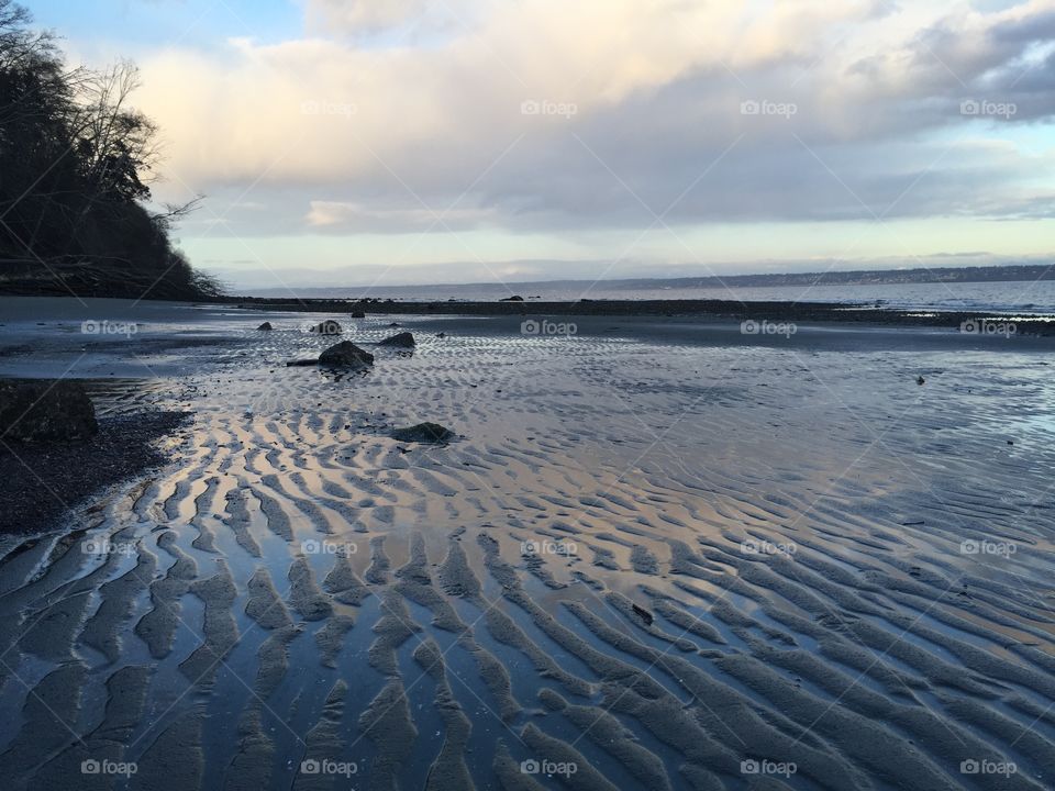 Beach sand waves at sunset