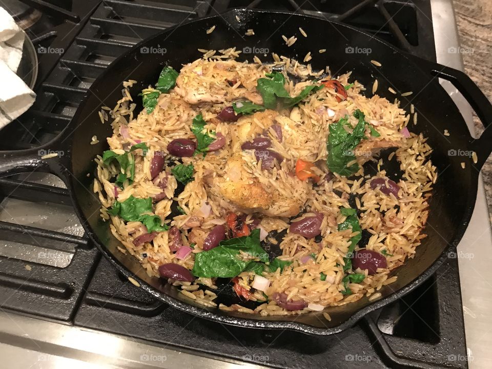 Greek chicken with kalamata olives and orzo