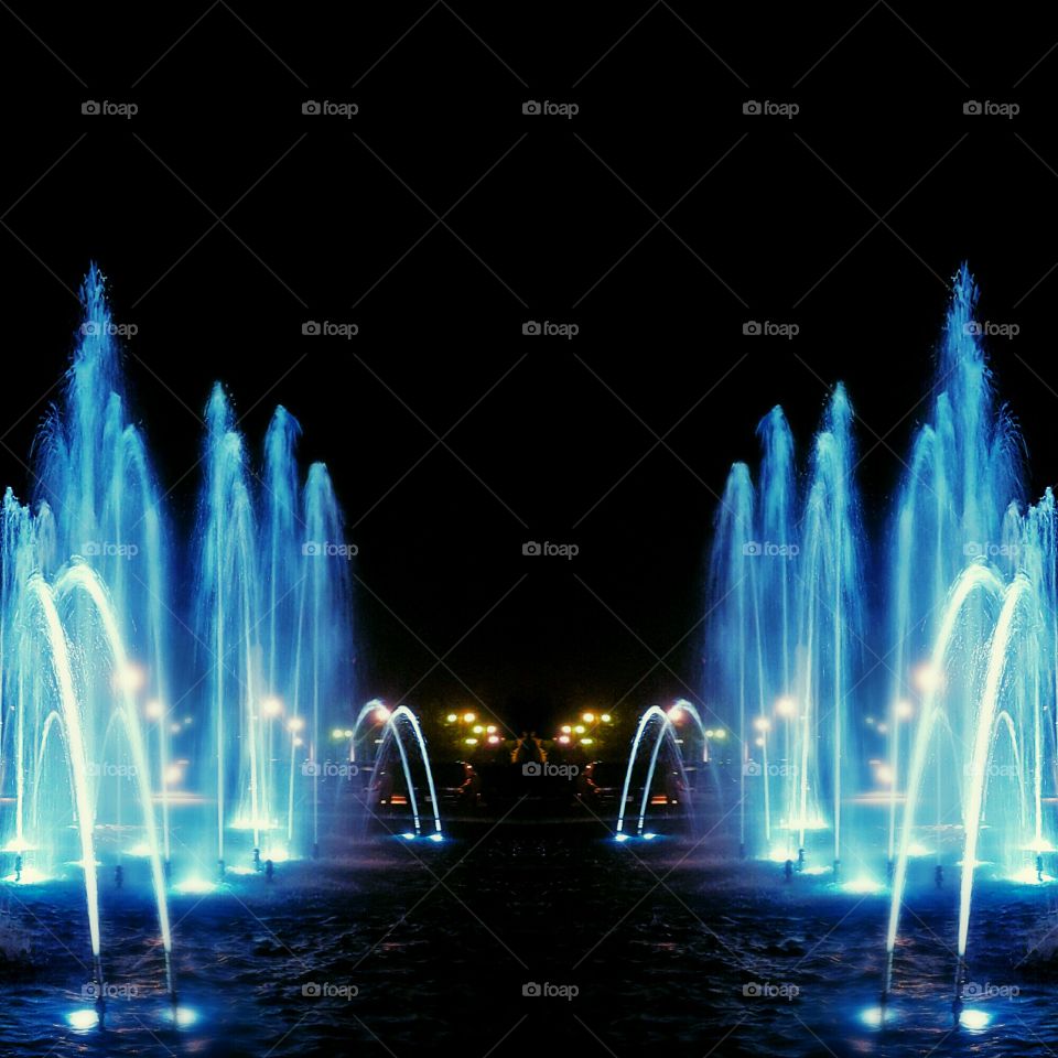 Blue  Water Fountains  at  Night