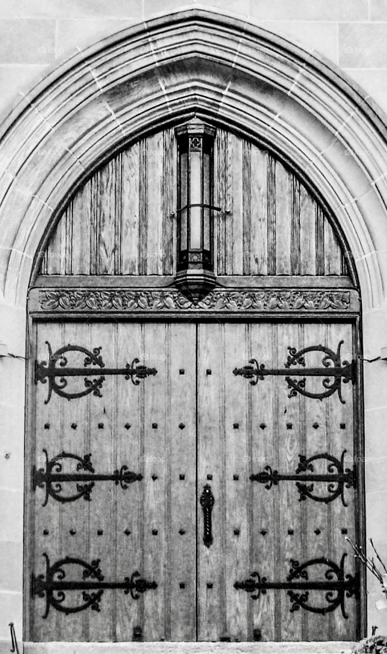 A church door with a built in light.