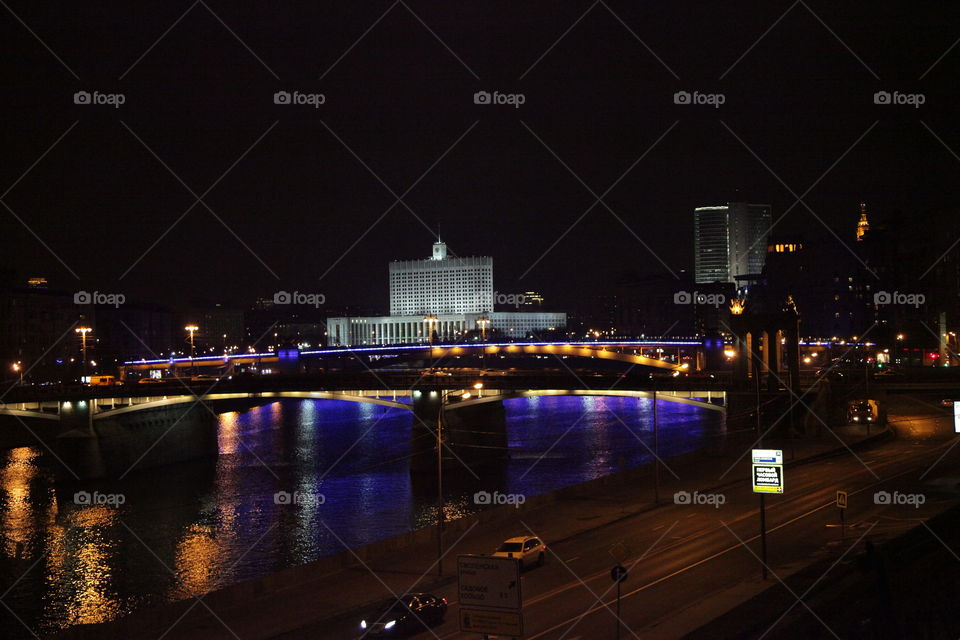 Berth, sunset, river,  Moscow, city, night city, Moscow does not sleep