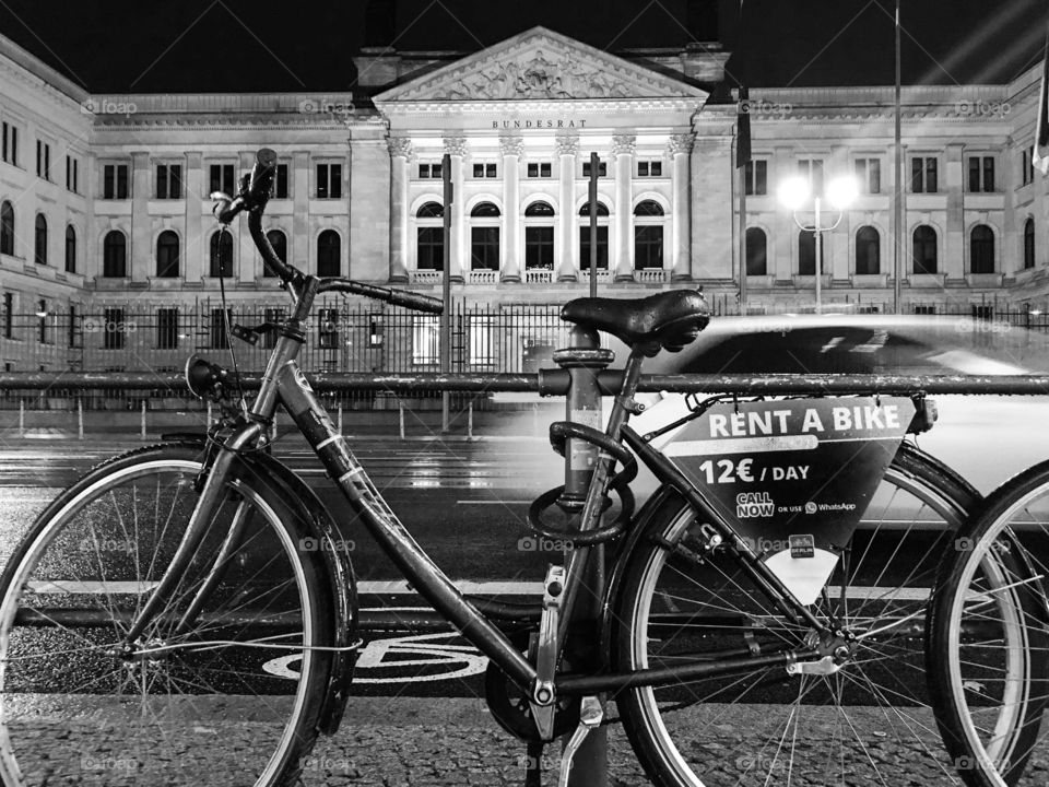 Bicycle in downtown Berlin, Germany. Black and white. 